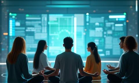 Diverse people meditating and collaborating with technology